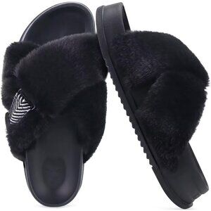 Women's Fuzzy Faux Rabbit Furry Fur Cross Band Arch Open Black Slippers Shoes